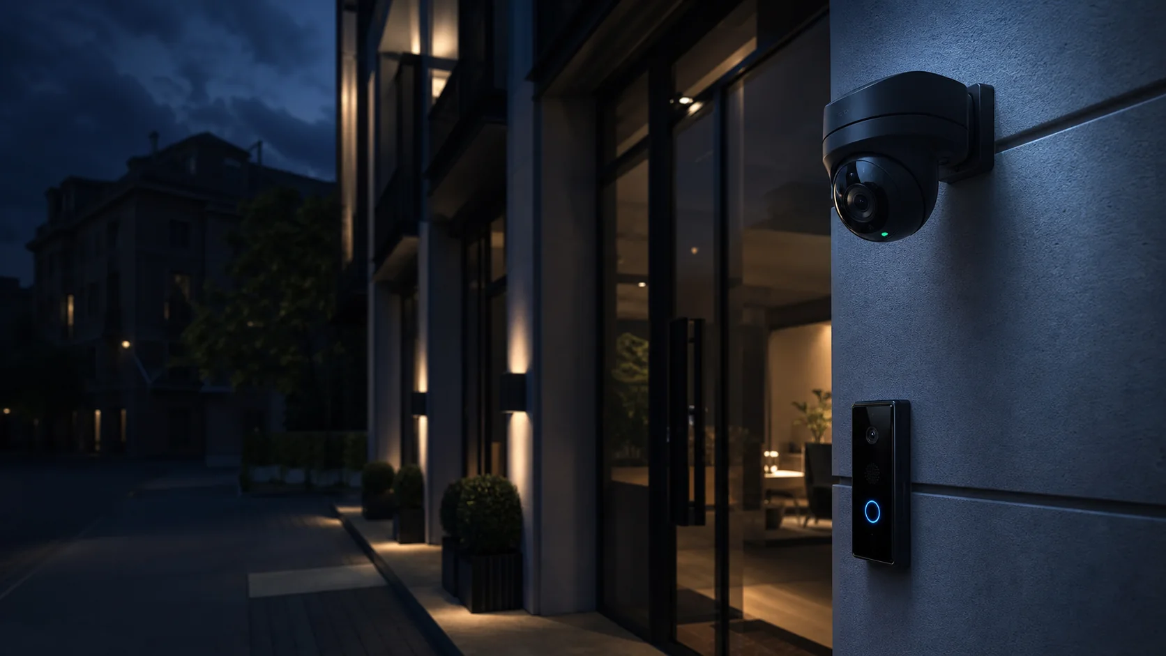 Modern video surveillance camera and access control at a protected building